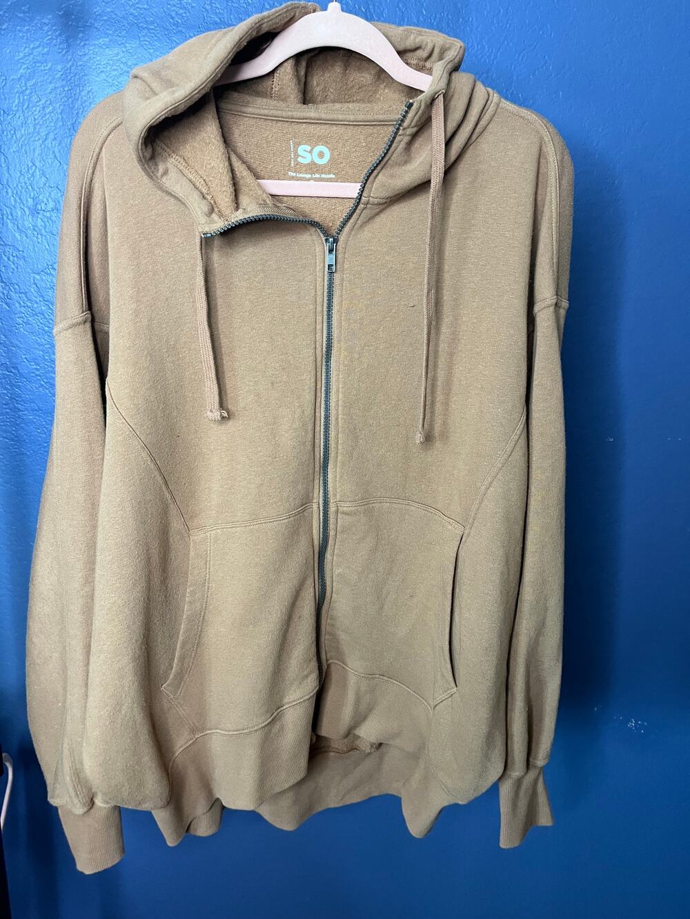 SO Lounge Life Dolman Sleeve Zip Up Hoodie Light Brown Oversize Sweatshirt Small